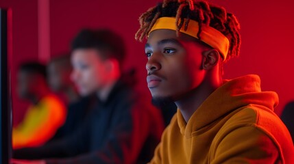 Generation Alpha and trends concept: Group of young coders creating a game in a vibrant tech hub, Generation Alpha, gamification and creativity.