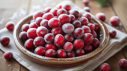 Frozen Cranberries on a Ceramic Platter Surrounded by Soft Daylight