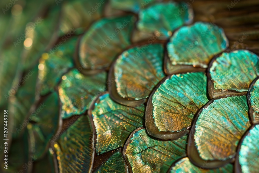 Poster fish scales form an overlapping pattern, showcasing iridescent green and gold colors, creating a mes