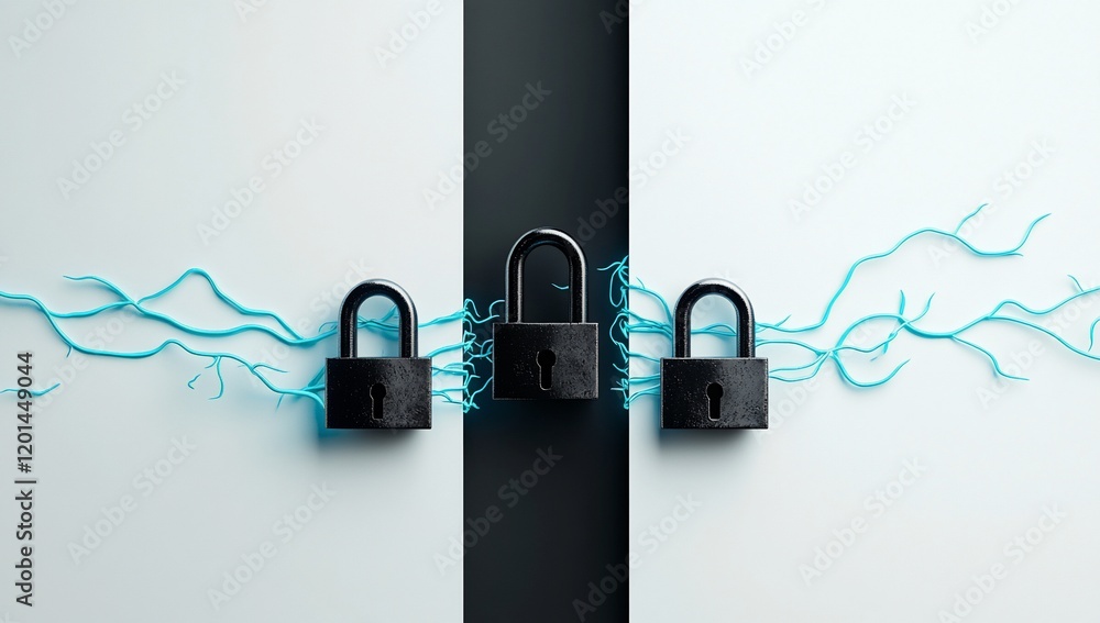 Poster Cybersecurity Network Three Padlocks Connected by Abstract Blue Lines Data Protection Concept