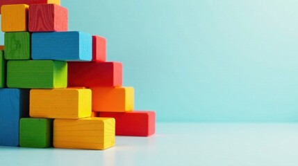 Obraz premium Colorful Wooden Blocks Arranged in an Ascending Pattern on a Light Blue Surface
