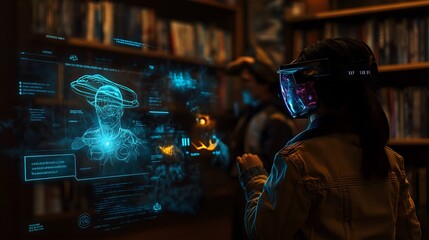 Generation Alpha and trends concept: Kids enjoying a holographic storytelling experience in a community library, Generation Alpha, evolution of storytelling.