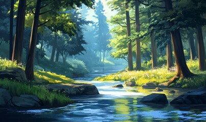 A tranquil spring river flows through a dense evergreen forest with towering trees, evergreen, landscape, water, trees