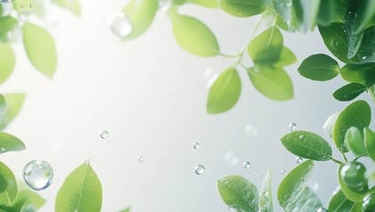 Fresh Green Leaves with Dew Drops: Nature's Purity, Vibrant Life, Sparkling Cleanliness,  Tranquil Serenity,  Refreshing Hydration.