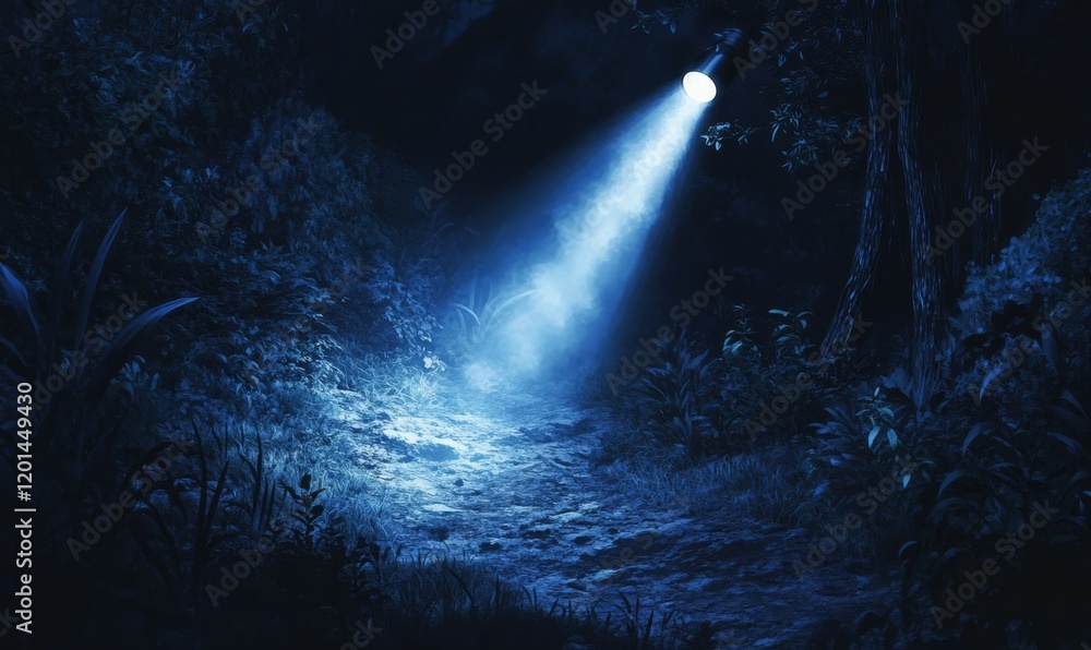 Poster a single flashlight beam illuminating a dark forest path creating an atmospheric effect, radiant bea
