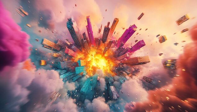 Vibrant Cityscape Explosion Digital Art of a Colorful Metropolis Imploding in a Cloud of Smoke and