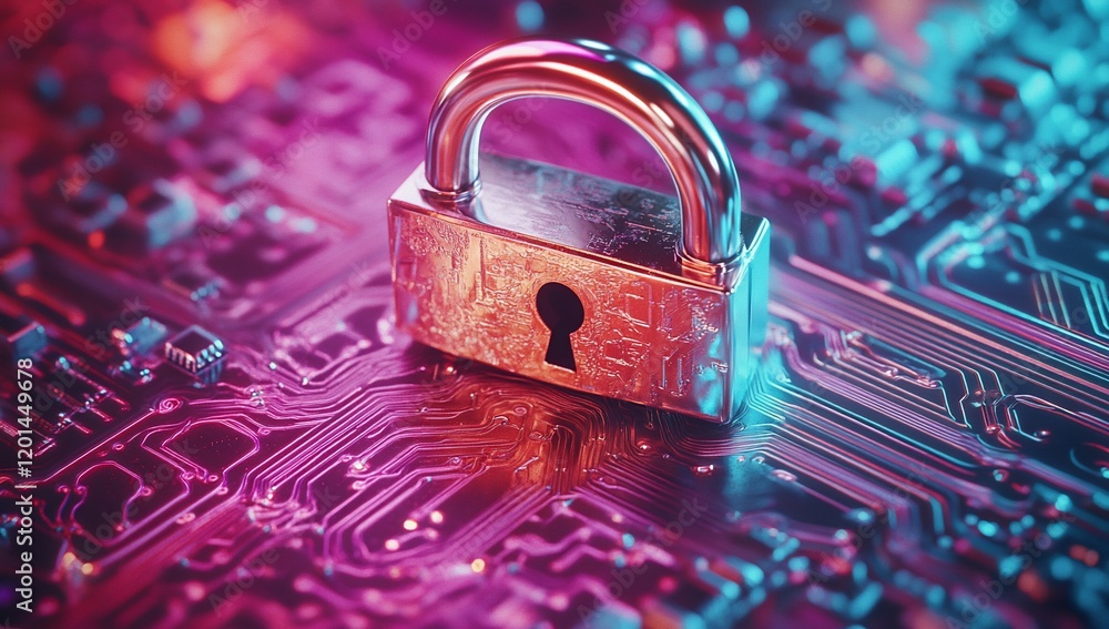 Poster cyber security concept padlock on neon circuit board data protection digital safety