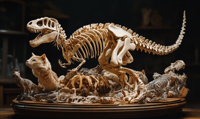 A surreal and highly detailed image of a skeleton that combines the features of a cat and a T-rex, showcasing a mix of feline agility and dinosaur ferocity in a skeletal form