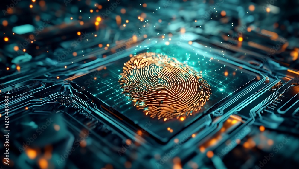 Aufkleber Digital Fingerprint Scan on Futuristic Circuit Board Cybersecurity Biometrics Technology Concept