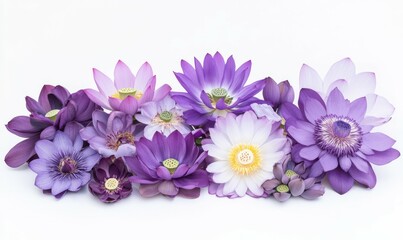 Obraz premium A cluster of purple lotus flowers in various stages of bloom arranged on a crisp white surface creating a stunning visual composition
