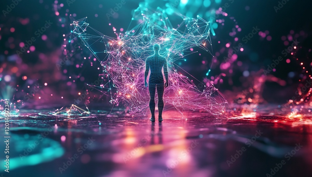 Aufkleber futuristic digital human network connection abstract ai neon lights cyberspace