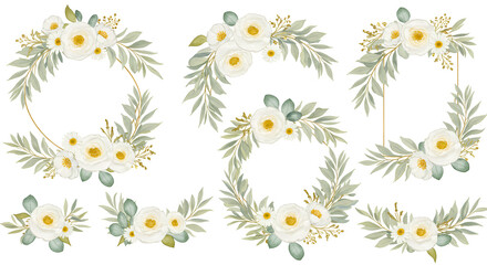 Watercolor floral illustration set - bouquets, frame, border. White flowers, rose, peony, gold green leaf branches collection. Wedding invites, wallpapers, fashion. Eucalyptus olive leaves chamomile.
