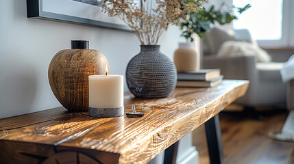 A modern interior entryway, emphasizing a sleek console table with a glossy finish. a stylish arrangement of decorative items, including a geometric vase with dried flowers, a chic candle, and keys.