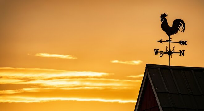 Rooster weather vane atop roof at sunset with vivid sky