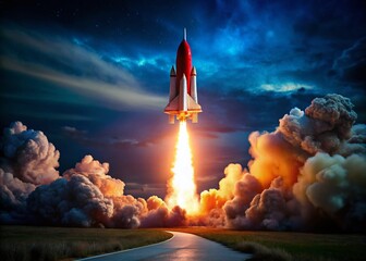 Fototapeta premium Red Rocket Launch, Startup Success, Business Growth, Long Exposure, PNG Cutout