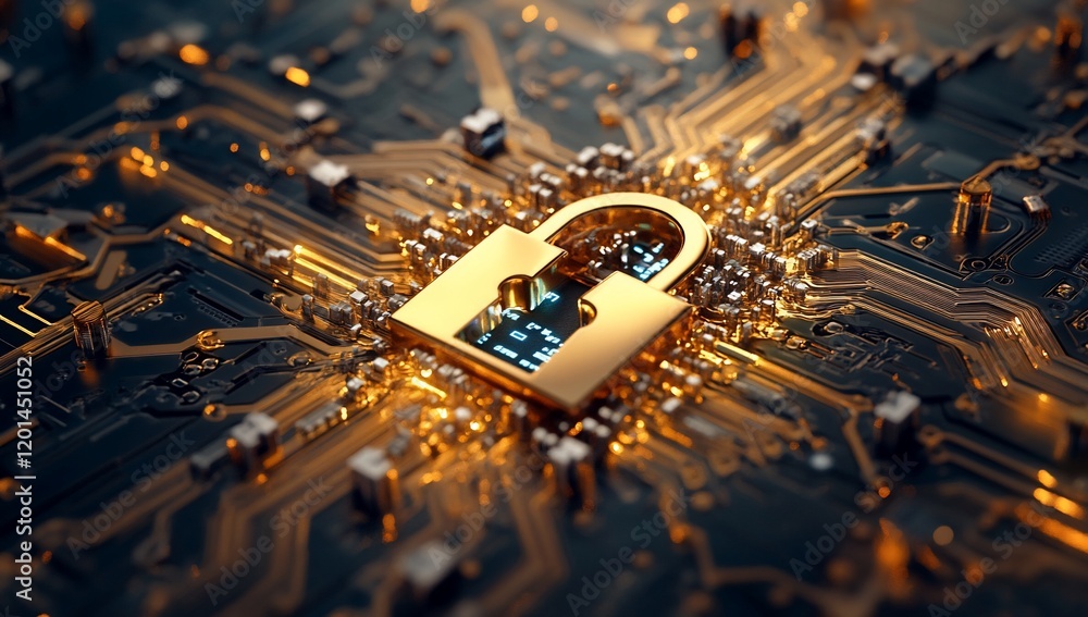 Aufkleber golden padlock on circuit board digital security and data protection concept