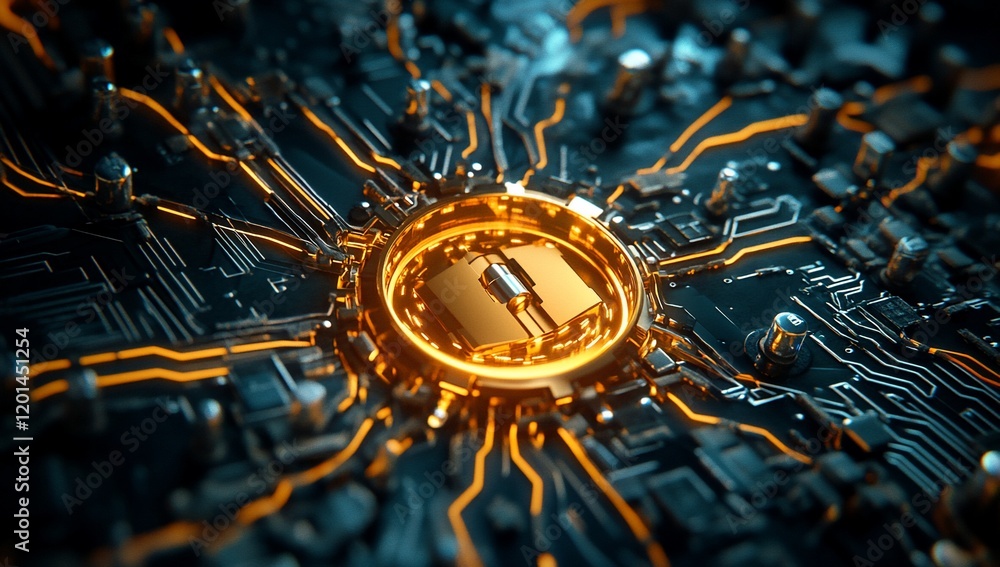 Poster futuristic circuit board technology golden microchip in illuminated system
