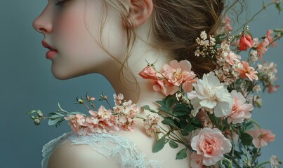 A delicate flower bouquet nestles comfortably against the shoulder of an adolescent symbolizing enduring gratitude and affection, innocence, floral arrangement
