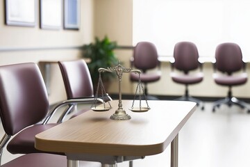 Fototapeta premium Judges robe and scales of justice displayed in a quiet courthouse waiting area with faded colors and an atmosphere of solemnity