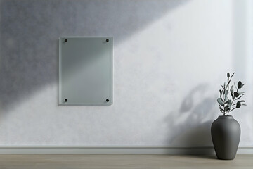 A glass signage plate mockup, displayed elegantly on a plain white wall, ideal for showcasing branding or corporate logos in a modern setting.
