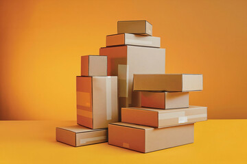 Fototapeta premium Stacked cardboard boxes in minimalist arrangement with monochromatic beige tones against vibrant orange background, soft lighting for modern packaging theme (1)