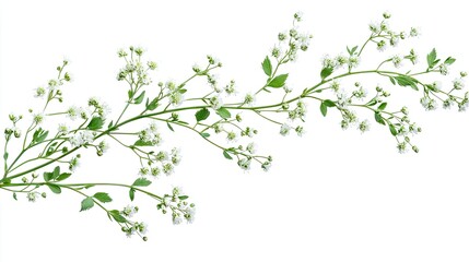 Minimalistic image of delicate white baby's breath flowers on green stems against a white background. Represents simplicity and natural elegance. Generative AI.