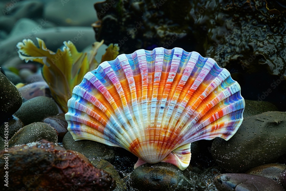 Poster vibrant scallop shell displays its colorful pattern while resting on dark, wet rocks in a tide pool 