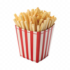 abstract 3d crispy French fries in striped container or red bucket isolated on white background