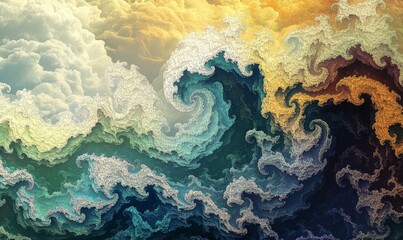 Fractal geometry with wavy oceanic ripples and vibrant colors, fractal, dynamic, colorful, wave, visual effect
