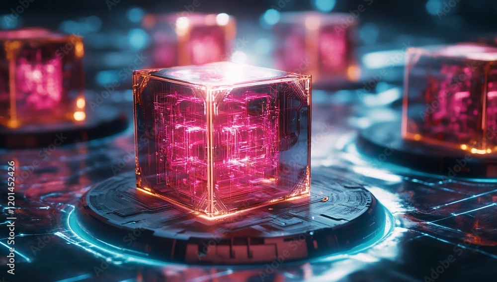 Poster Futuristic glowing transparent cubes with internal circuitry digital data storage concept