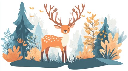 Cute deer standing among colorful forest plants during autumn with vibrant foliage and playful butterflies