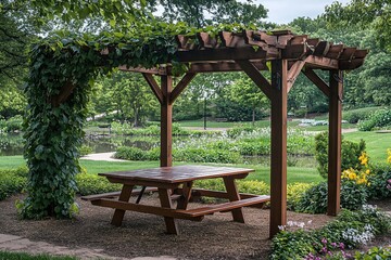 Wooden picnic table under a leafy pergola in a park.