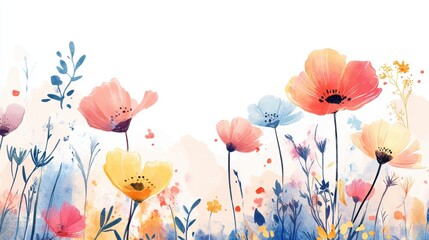 Bright and colorful floral painting showcasing poppies and wildflowers in a serene garden setting