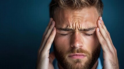 Closeup of a businessman s face with a worried, tired expression, holding his temples as he tries to concentrate