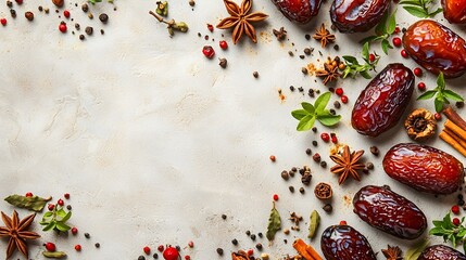 Exotic Spices and Herbs Abstract Composition with Dates and Copy Space