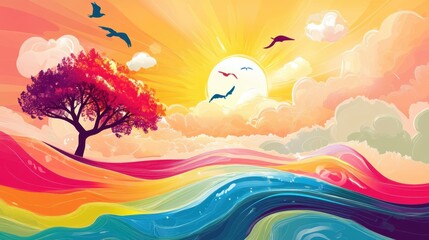 Vibrant sunset with colorful waves and a solitary tree creating a serene landscape scene