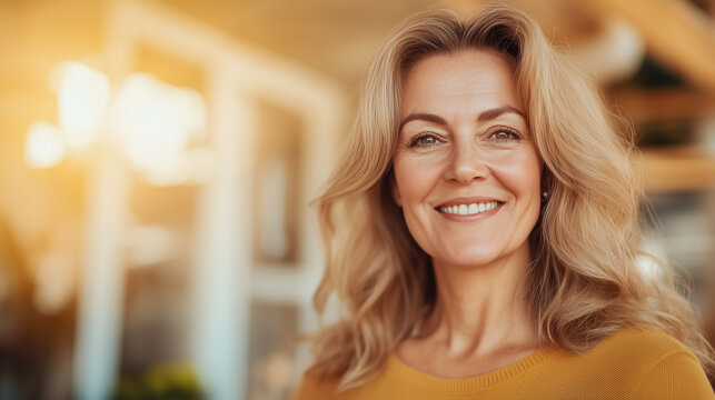 Mature, Mid-Age Blonde Woman in Sweater Smiling, Calm, Positive Aging in Her 40s, 50s, or 60s at Home, Beige Tones, Natural Beauty at Menopause.