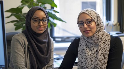 Two women collaborating at a computer in a cozy office space with an autumn view outside. Represents teamwork, productivity, and diversity in a professional environment. Generative AI