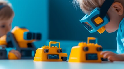 Fototapeta premium Generation Alpha and trends concept: Young children coding robots in an augmented reality environment, Generation Alpha, innovation in STEM education.
