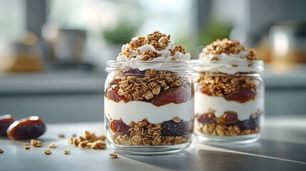 Layered Breakfast Parfait in Glass Jars with Yogurt and Granola,Modern Food Styling and Photography