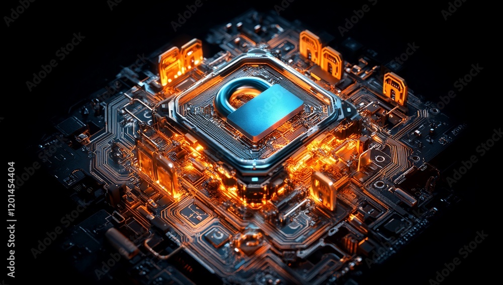 Poster cyber security data protection digital lock on illuminated circuit board
