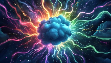Obraz premium Vibrant Nebula Cloud Burst Cosmic Energy Rainbow Explosion