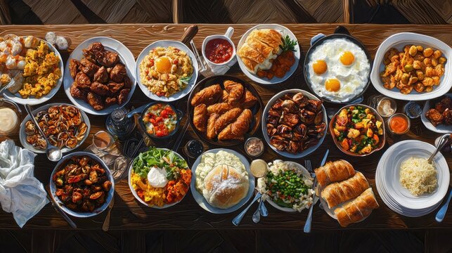 Family brunch potluck celebration vibrant table setting food photography festive home atmosphere top-down view diversity in cuisine