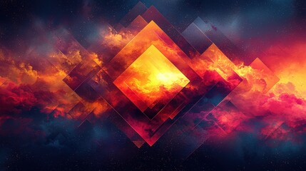 Fiery cosmic cloudscape with geometric overlays. Ideal for wallpapers, posters, or album art. Evokes energy, mystery, and the vastness of space.