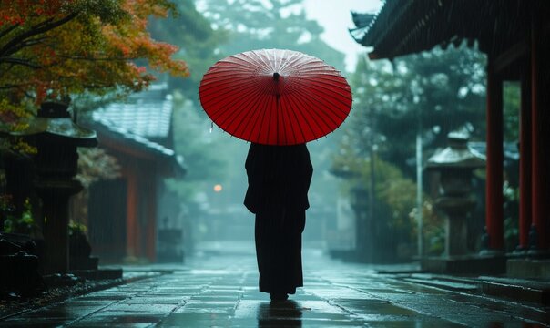 igure with a red umbrella standing