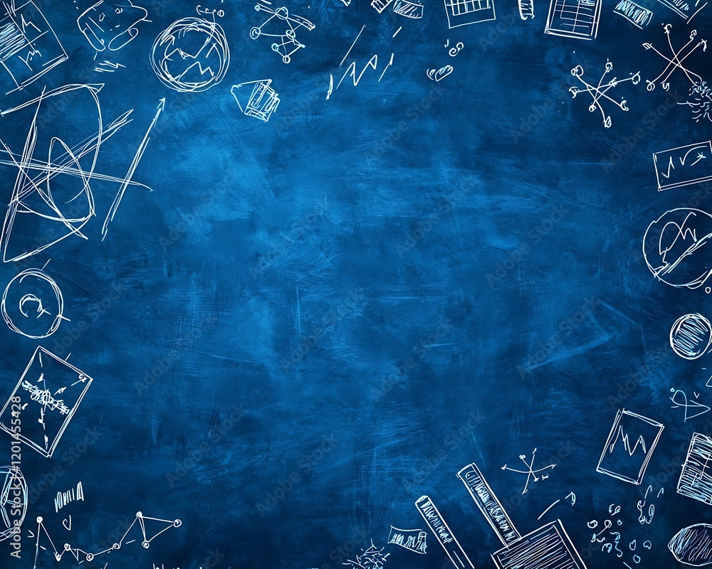 Poster a blackboard filled with handwritten explanations of wave-particle duality