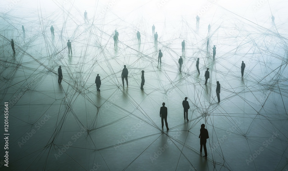 Poster abstract business contacts represented by interconnected figures, symbolizing networking and collabo