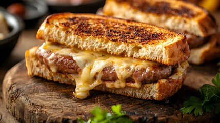 Grilled Cheese Sandwich with Savory Sausage on Rustic Wooden Board