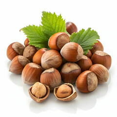 A pile of fresh hazelnuts, showcasing their brown, textured shells, isolated on a white background