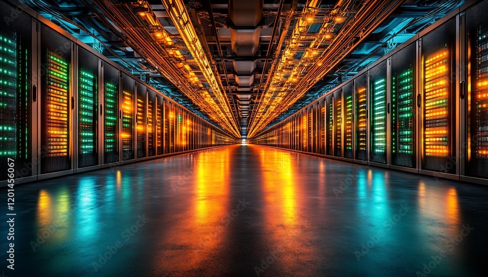 Poster Modern Data Center Server Room Illuminated Network Infrastructure with Colorful Lights